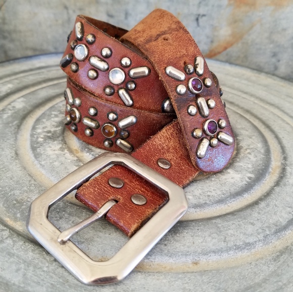 Vintage Accessories - Vintage Studded Jeweled Western Leather Belt